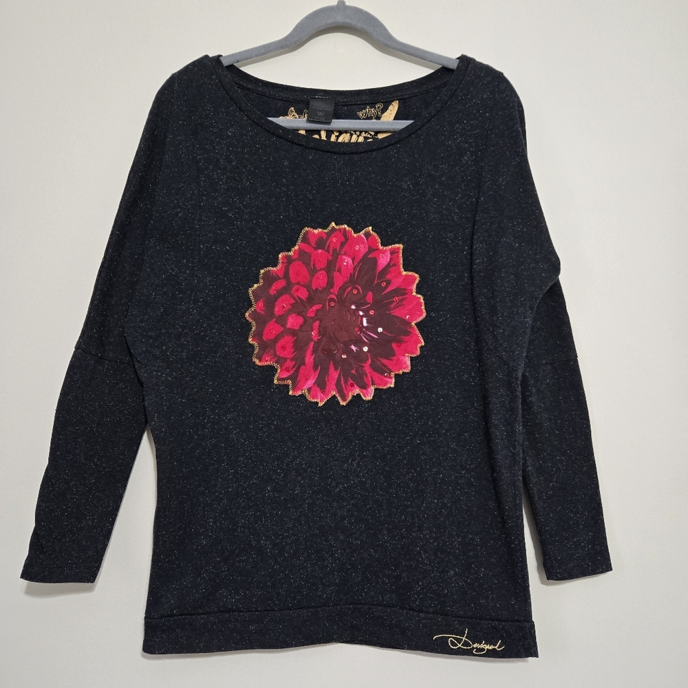Desigual Women’s Floral Appliqué Sequin Top Long Sleeve S Heather Gray